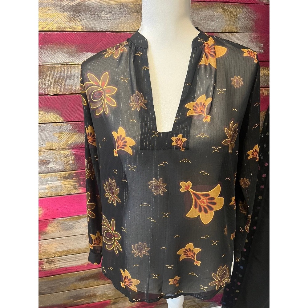 Women's Loft Black Long Sleeve Sheer Blouse with Floral detail